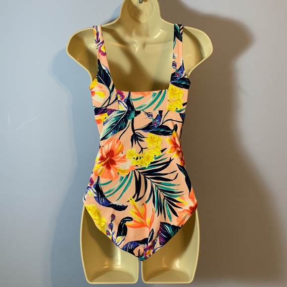 Old navy square neck peachy pink tropical print one piece bathing suit size xs - Picture 3 of 7